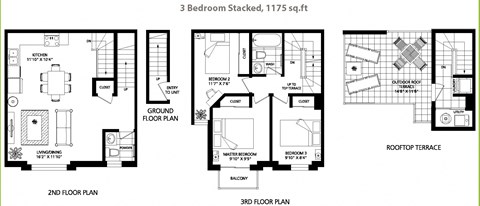 Floor plan for 3 beds, 1.5 baths, 1175 sqft